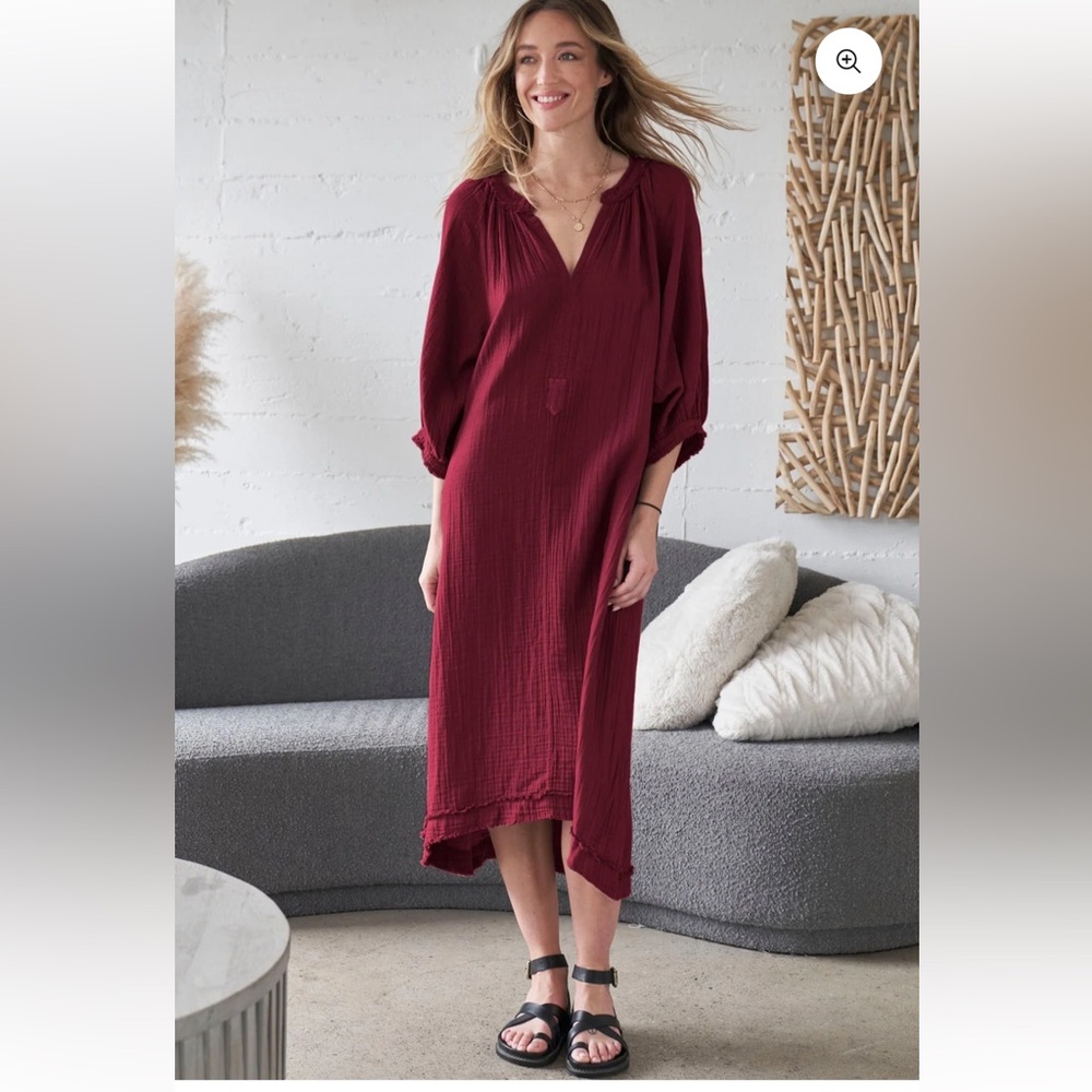 Ocean + main Lagenlook  Burgundy caftan pockets crinkled cotton Maxi Dress nwt